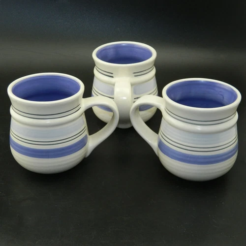 Pfaltzgraff Rio, Blue Stripe Rings, Set of 3 Mugs Coffee Cups Stoneware 14oz