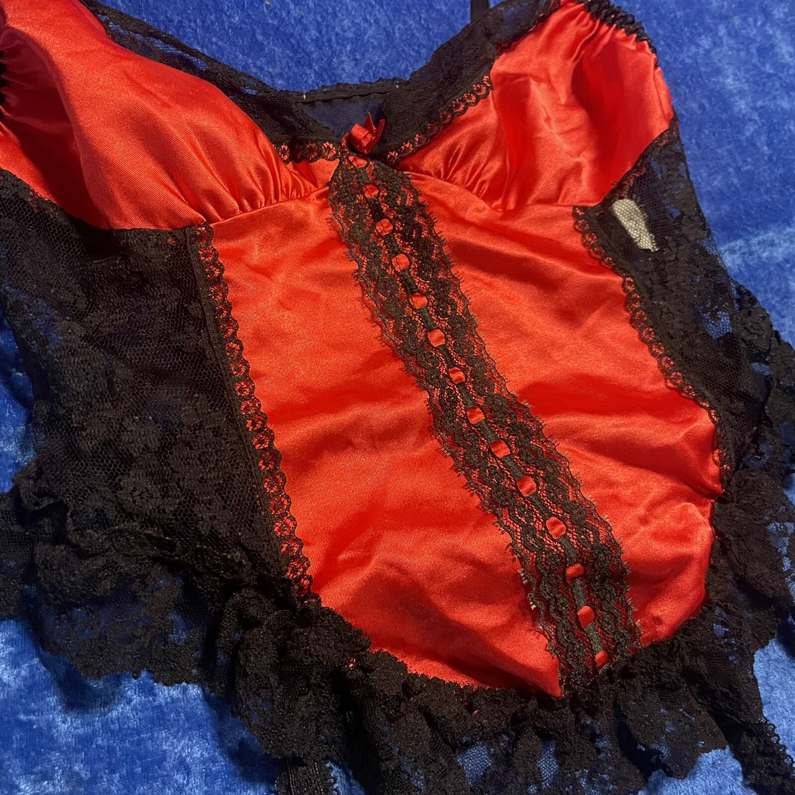 Vintage Alana Gale Lingerie Cami Top Garter Straps Red Black Mesh Lace Pinup