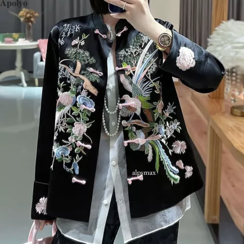 Ethnic Women Retro Embroidered Flower Birds Satin Chinese Style Coat Jacket Tops