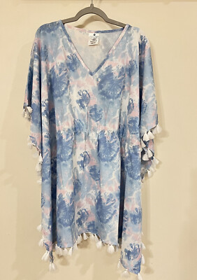 Snapper Rock Girls Tasseled Caftan Swimsuit Cover Up, Sz 12, Blue Pink