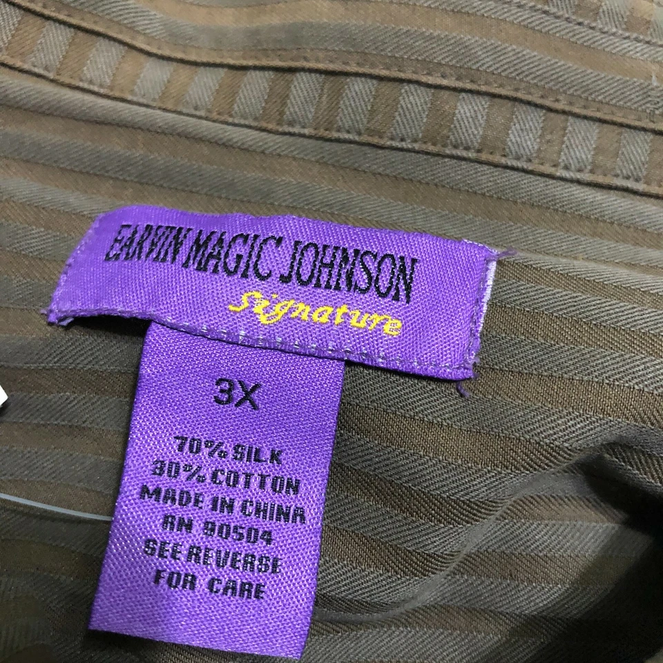 Camisa Earvin Magic Johnson Signature LS Seda Marrón Rayas Talla 3X De Colección Nueva de Lote Antiguo Foto 3 de 4