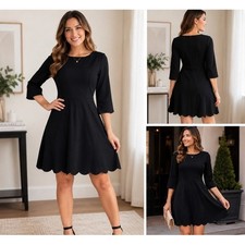 Lulus Black Scalloped Hem Skater Dress 3/4 Sleeve Mini Dress Size M NWT
