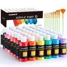 AnyMark Acrylic Paint Set, 48 Classic Colors with 12 Brushes, 2 fl oz/60ml