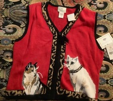 Susan Bristol Cat Lady Sweater Vest Red Hand Embroidered Vintage L