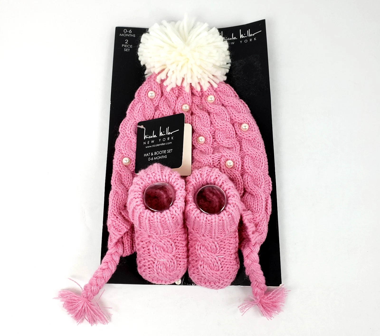 Nicole Miller New York Infant Baby Girl Size 0-6 M Pink Knit Hat & Bootie Set