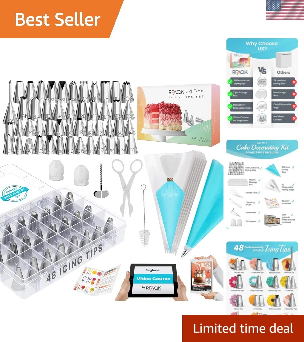 74 PCs Icing Piping Bags and Tips Set, Cake Decorating Kit with 48-Numbered P...