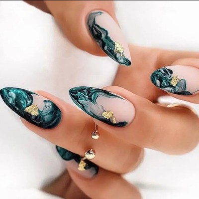 24pcs Green Jade Medium Long Almond Fake Nail-Press On Nails