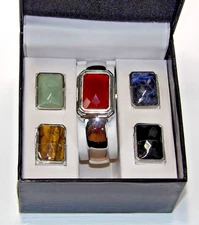 Kessaris Silvertone Quartz Ladies Peek-a-boo Watch 5 Interchangeable Stones New!