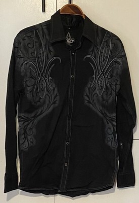 Roar Men's Long Sleeve Button-Up Black Shirt Size Medium Embroidered Front&back