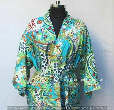 Paisley Full Length 3/4 Sleeves Turquoise 100% Cotton women Kimono Dress Robe