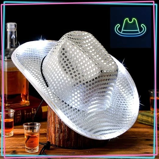 LED Light Up Sequin Cowboy Hats Bulk Lot – Neon Western Party Rave – Party Glowz - Image 3 of 3