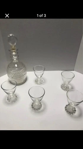 Antique Tiffany & Co Glass Decanter With 5 Anchor Hawking Bubble Foot Glasses