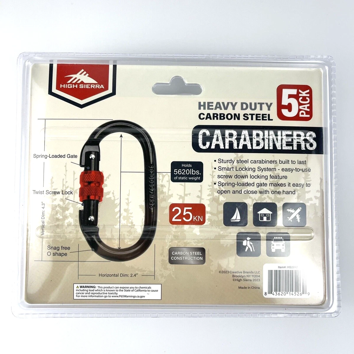 High Sierra Heavy Duty Carbon Steel 5 Pack Carabiners 4.3  