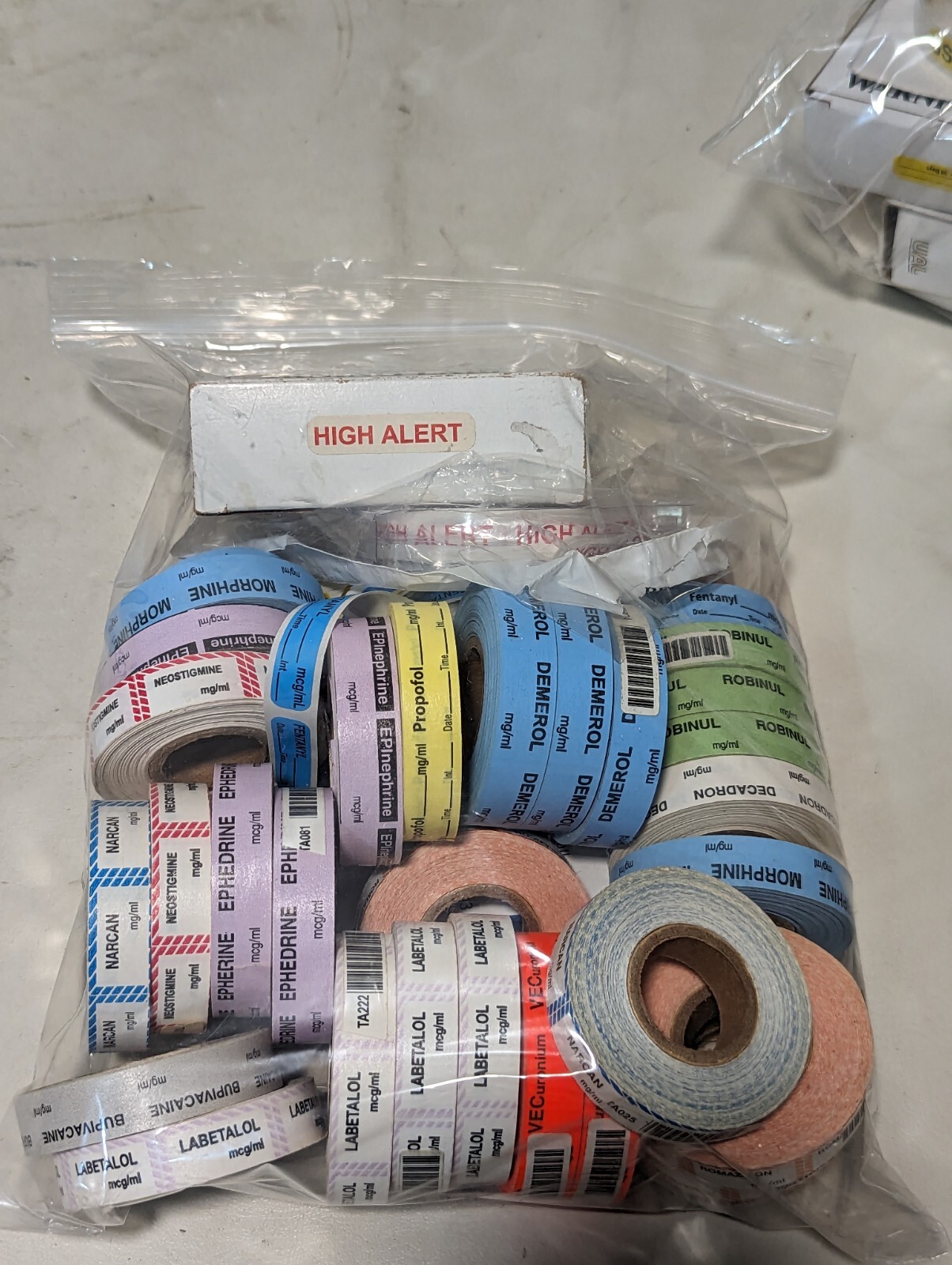 Lot of 2 metal medication label tape dispensers with assorted labels