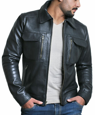 Herren schwarze Lederjacke 100% echtes weiches Lammleder Motorrad Biker Jacke