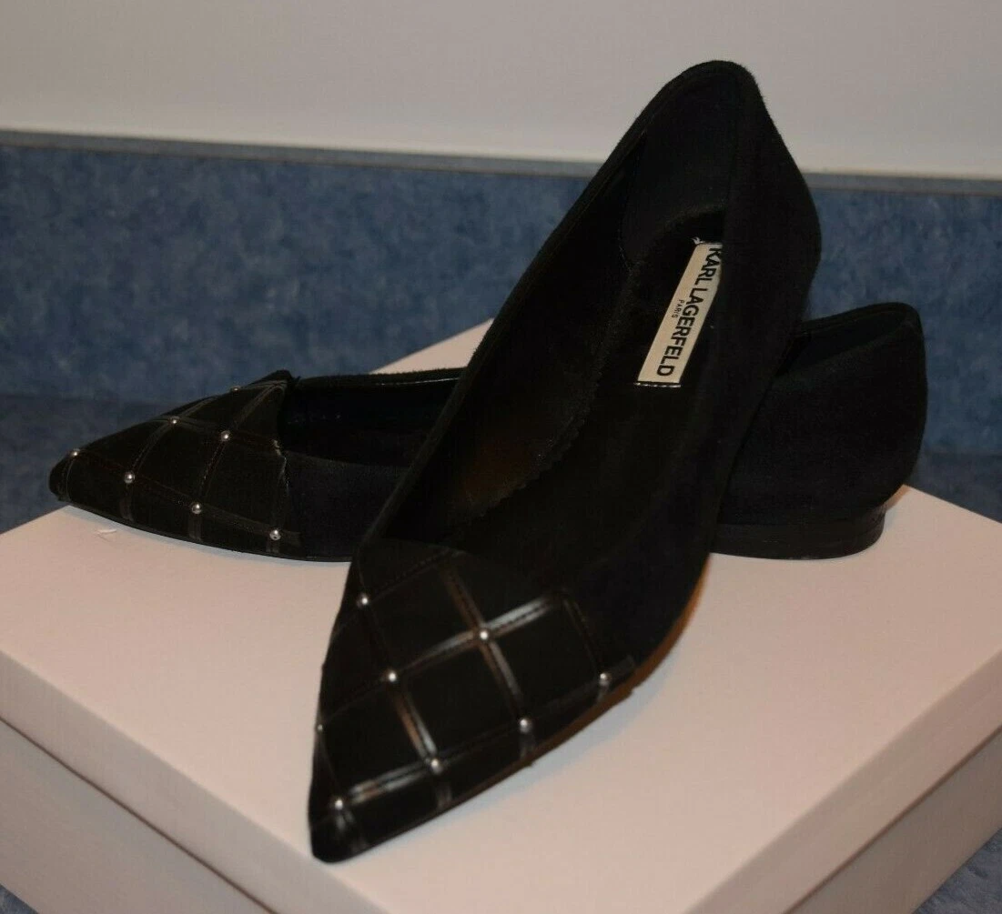 karl lagerfeld blach suede pointy toe flat shoes women
