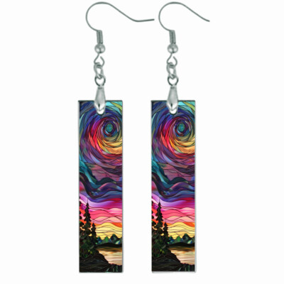 Arora Borealis Northern Lights Faux Stained Glass Art Print Bar Earrings Wood