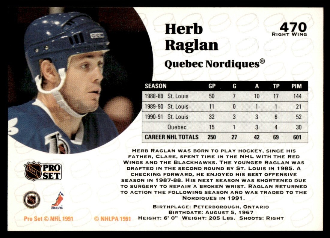 1991-92 Pro Set #470 Herb Raglan Quebec Nordiques | eBay