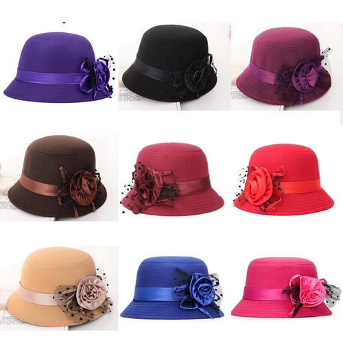 Damen Wollfilz Eimer Kappen elegant Vintage Blume Glocke Kirche Bowler Hüte - Bild 2 von 14