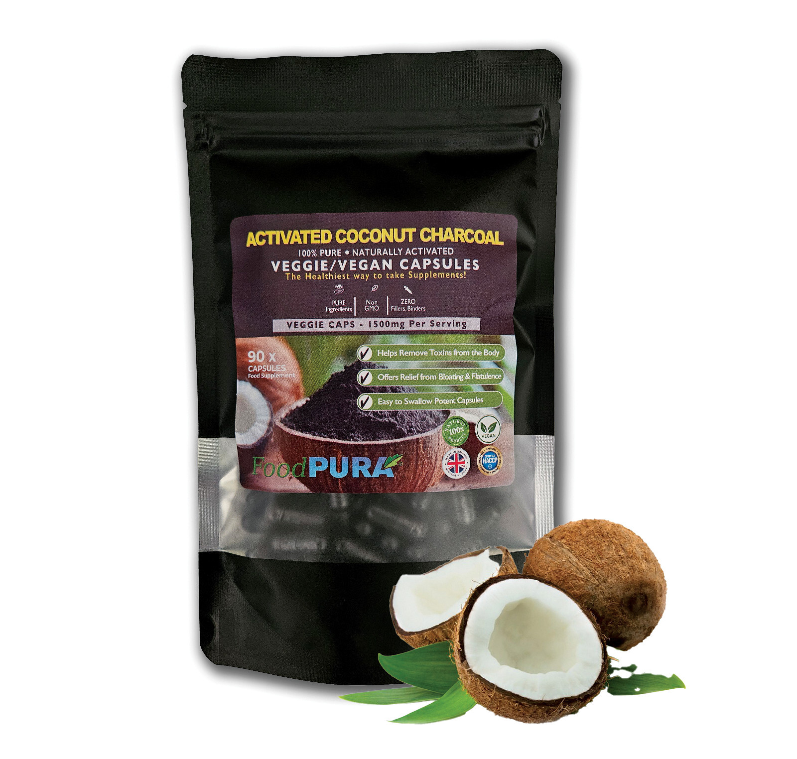 90 x Charcoal Capsules 1500mg CLEAN Coconut Activated, Relief Bloating & Wind