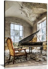 Old Grand Piano & Old Buidling Framed Canvas Print Wall Art Home Decor