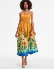 Tahari ASL Womens Ruched Bodice Border Print Midi Dress In Mustard Haze -