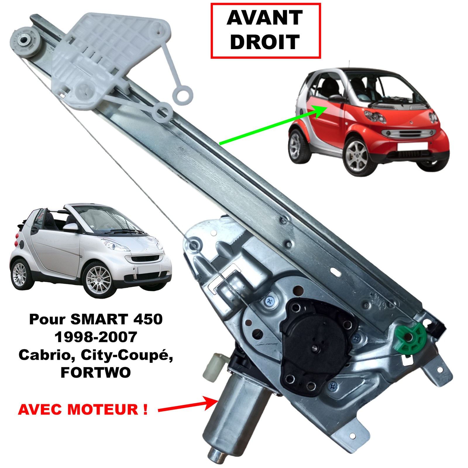 Mécanisme lève-vitre avant droit à moteur silencieux pour SMART Fortwo première génération