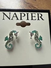 New NWT Napier Silver Tone Green Stone Seahorse Earrings Pretty
