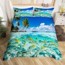 Summer Beach Duvet Cover Set King Ocean Bedding Set Hawaiian Palm Trees Sea W...