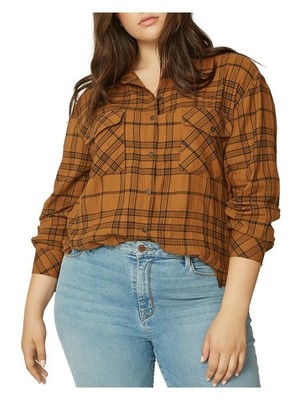SANCTUARY Womens Brown Side Slits Hi Lo Hem Plaid Button Up Top Plus 3X