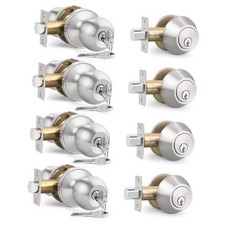 Keyed Entry Door Knob and Single Cylinder Deadbolt 4 Pack Brushed Nickel Modern