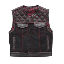 Men Black Leather Denim Club Motorcycle Vest Red Paisley Lining Biker Waistcoat
