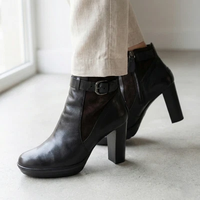 Tods Femmes US 9.5 Ue 39.5 Noir Cuir Daim Bottines Talon Bloc Italie - Photo 1/4