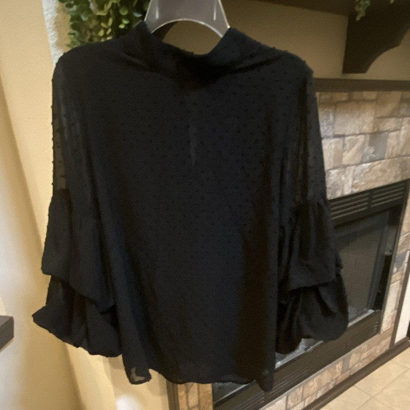 Wishlist Apparel Black Polka Dot Mock Neck Ruffle Sleeve Button Front Blouse L