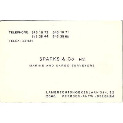 Sparks & Co NV Marine &Cargo Surveyors Merksem-Antw Belgium Business Card TH2-B1