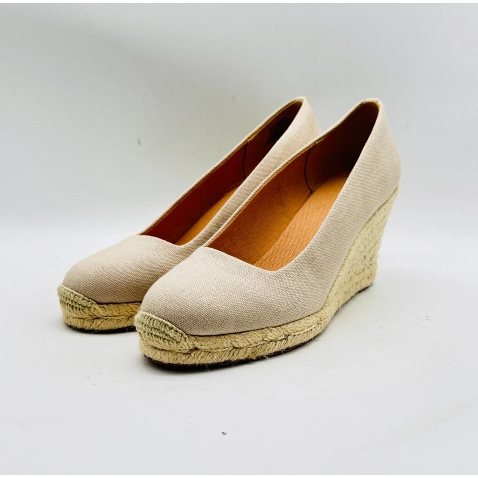Sapatos femininos J Crew espadrille wedges 7 saltos bege bronzeado tecido lona verão - Imagem 4 de 4