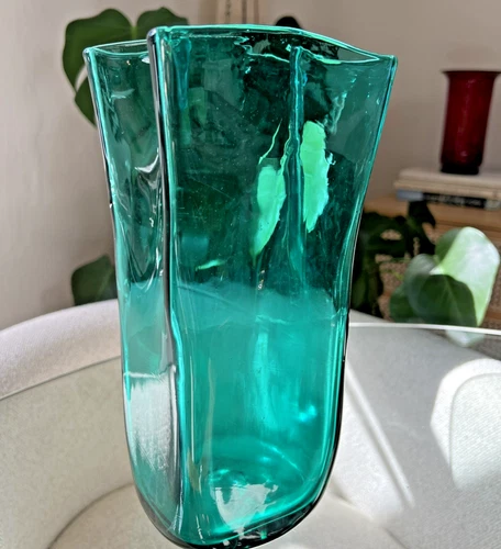 Blenko Paper Bag Vase Teal Hand Blown Art Glass Don Shepherd MCM 10.25" 8813M