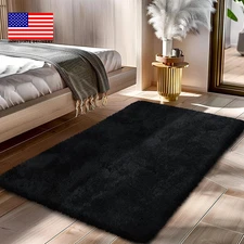 Fluffy Rug Shaggy Area Rug, Black 2X4 Area Rugs for Bedroom, Small Bedside Rug,