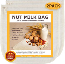 Nut Milk Bags, All Natural Cheesecloth Bags, 12"X12", 2 Pack, 100 Unbleached Co