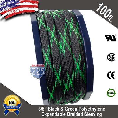 100 FT 3/8'' Black Green Expandable Wire Sleeving Sheathing Braided Loom Tubing