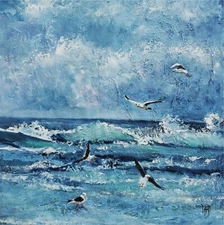 YARY DLUHOS Beach Ocean Sea Seashore Waves Seagulls Original Art Oil Painting