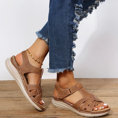 Sandalias de cuña ortopédicas informales de verano para damas Zapatos cómodos con punta abierta plana - Imagen 6 de 22