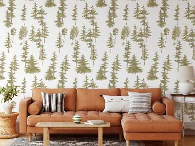 Eco-Friendly Wallpaper Green Pines Trees on Paper Sheets Made in Italy