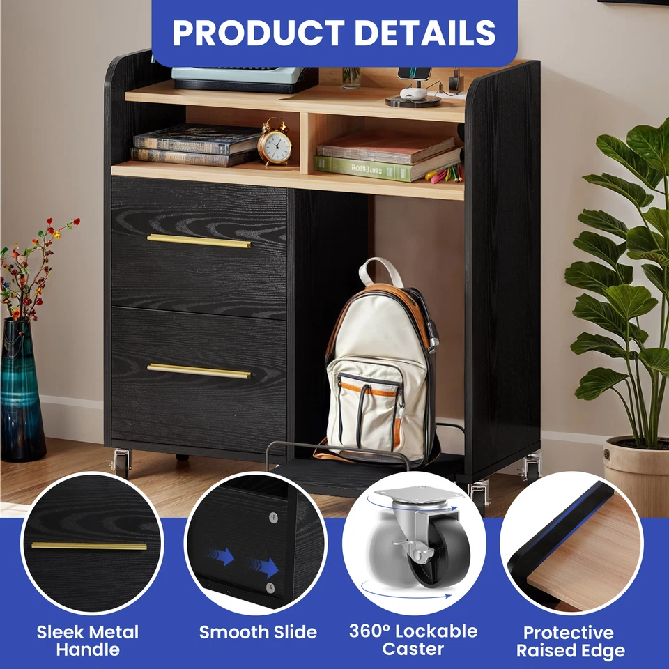 Black Mobile Printer Stand w/ Wood Top 2 File Drawers Power Outlet USB CPU Tray - Image 4 of 4