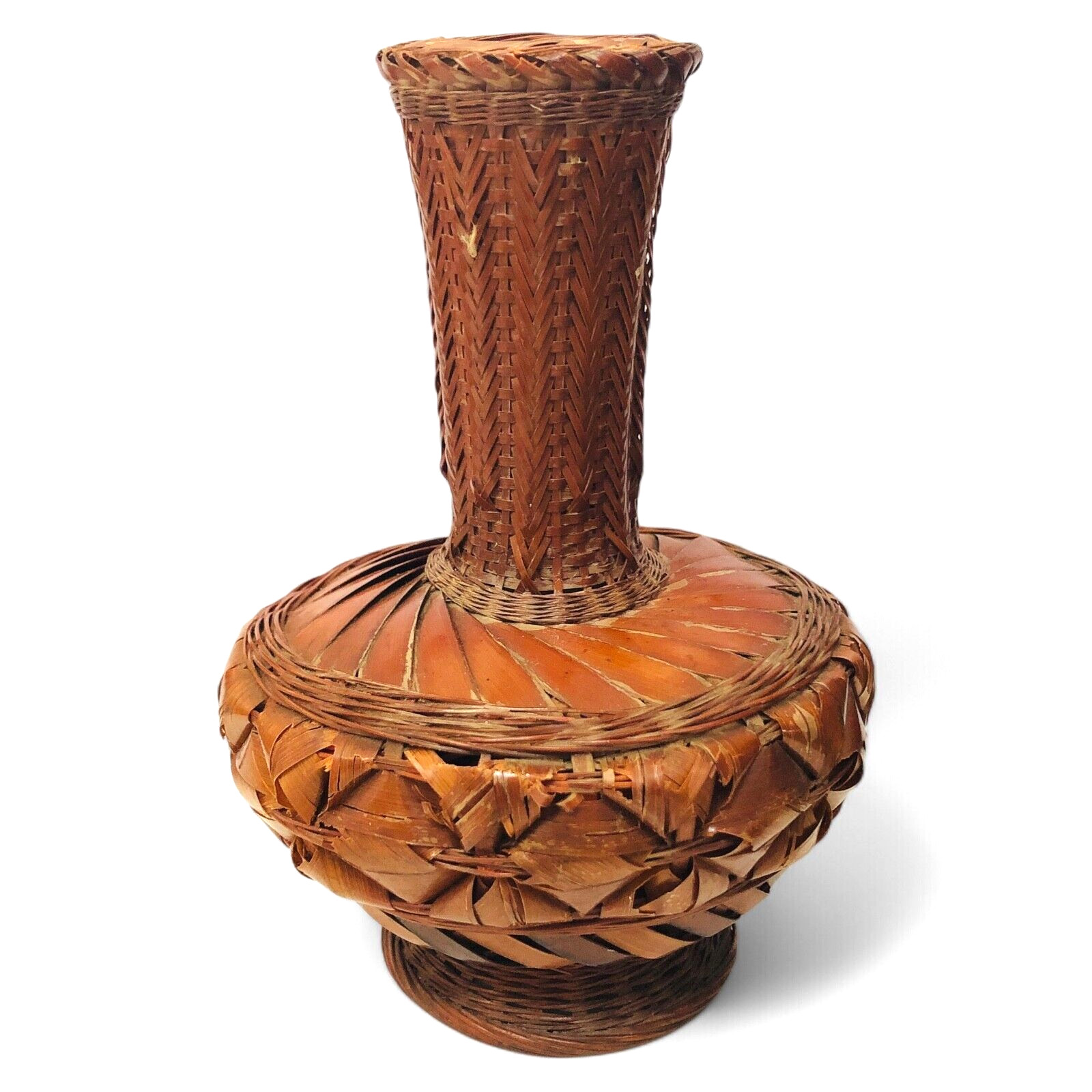 Japanese Bamboo Wicker Ikabena Vase Handcrafted Lacquer Boho Rustic Style V41