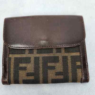 Authentic FENDI Zucca Brown Canvas Leather Bifold Small Wallet