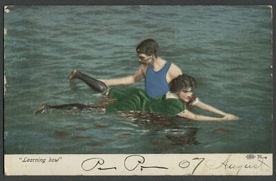 c.1907 Postcard MAN AND WOMAN LEARNING HOW TO SWIM Silk Bathing Suits Add-Ons
