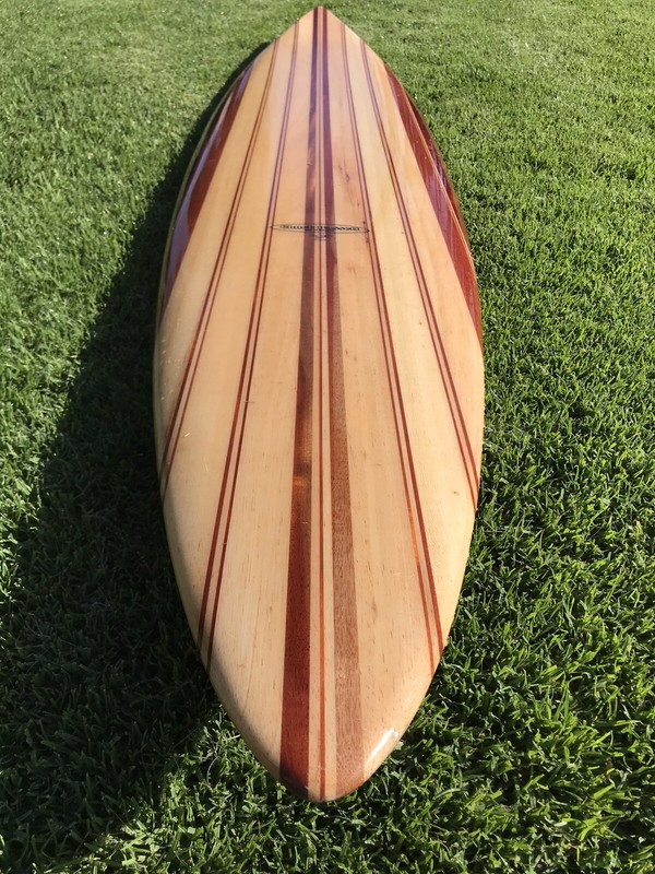 GORGEOUS 9'0" CUSTOM MADE " GUN " SOLID EXOTIC WOOD INLAYS ON BALSA  SURFBOARD  