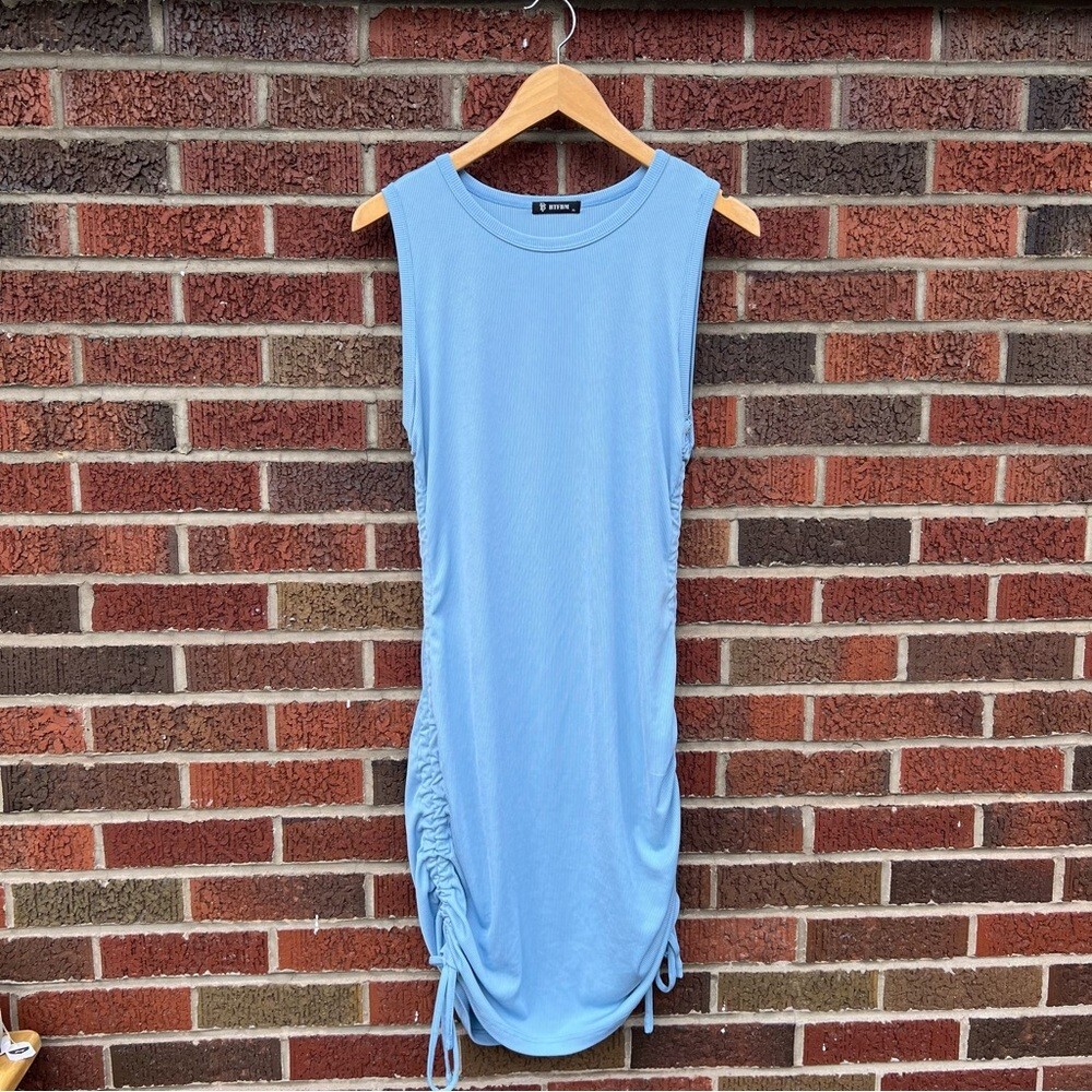 Baby Blue Ribbed Side Scrunch Drawstring Sleeeveless Bodycon Dress