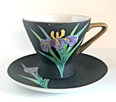 Vintage Ardalt Black Cup and Saucer with Hand Painted Irises #7388 No Label